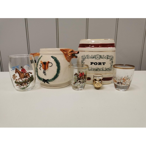 238 - A 'Portland Pottery' hunting-themed jug, Port dispensing barrel & three hunting-themed glasses.