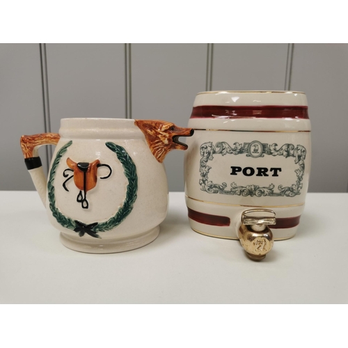 238 - A 'Portland Pottery' hunting-themed jug, Port dispensing barrel & three hunting-themed glasses.