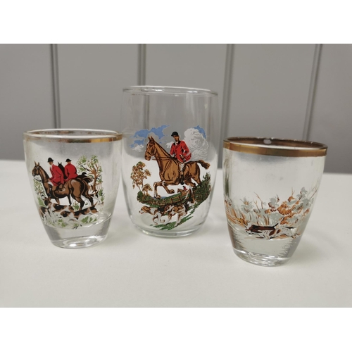 238 - A 'Portland Pottery' hunting-themed jug, Port dispensing barrel & three hunting-themed glasses.