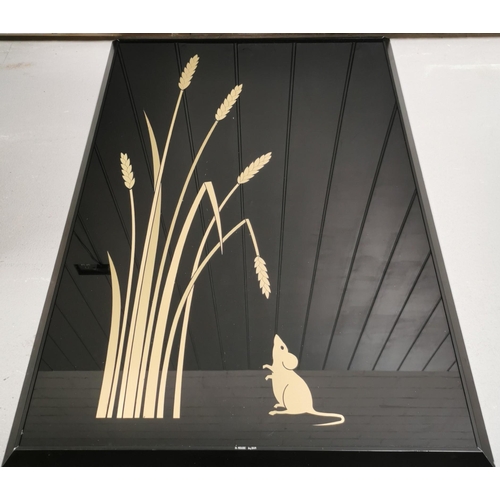 295 - Contemporary Glass Wall Art - Field Mouse with corn.  Gold-coloured subjects, on a black background ... 