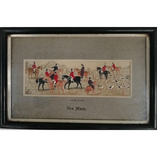 296 - A vintage hunting scene, miniature silk tapestry. Framed dimensions 15cm x 23cm.