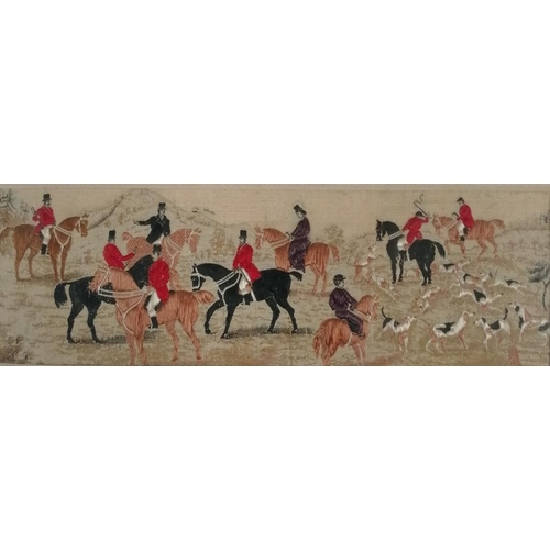 296 - A vintage hunting scene, miniature silk tapestry. Framed dimensions 15cm x 23cm.