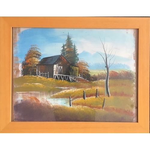 302 - A framed oil on board depicting an autumnal scene & log cabin. Unsigned. Framed dimensions(cm) H36, ... 