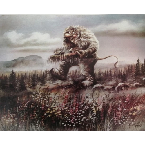 330 - A framed print of an artful giant troll carrying houses. Dated 1997 & signed. Framed dimensions 52cm... 