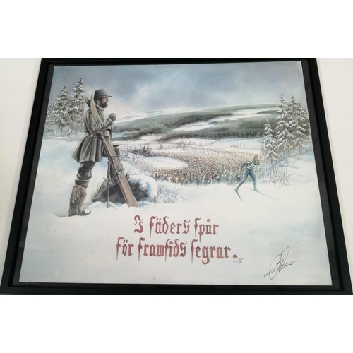 344 - A framed ski scene print, signed by the artist Blor Eric, 1983.  Framed dimensions 42cm x 52cm.