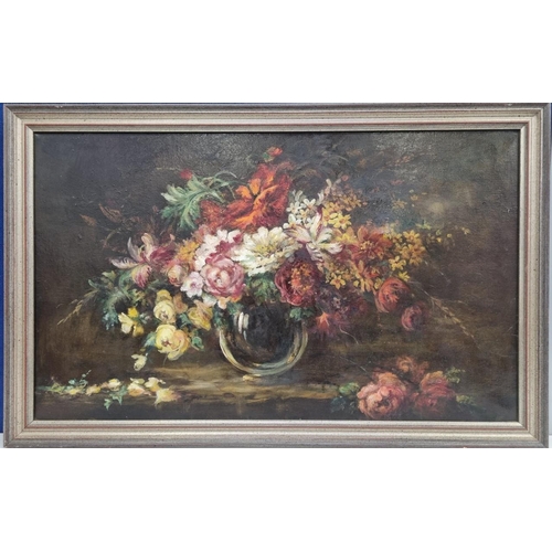 382 - An older, original oil still life painting of a mixed floral bouquet & vase. Unsigned. Framed dimens... 