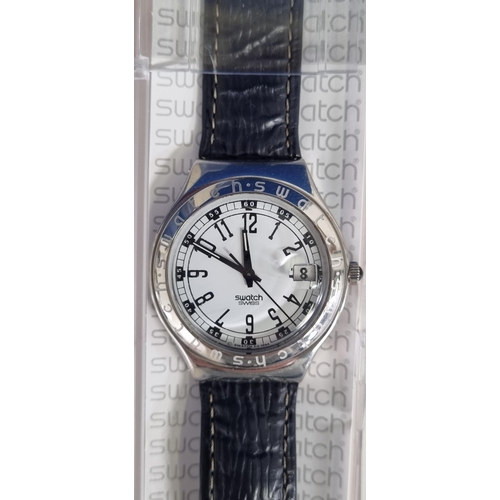 393T - A vintage 'Swatch' backwards dial watch, c.1994. With a black leather strap & stainless-steel case.