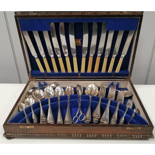 431 - A seventy-piece, silver-plated canteen of cutlery, with presentation case. One dessert fork missing/... 