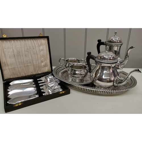 433 - A selection of vintage, silver-plated tableware. To include a cased fish knife & fork set, tea & cof... 