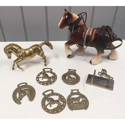 461 - A ceramic Shire horse model, a brass prancing horse, a silver-plated rearing horse, together with a ... 