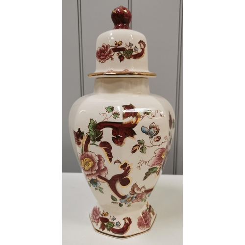 574 - A 'Mason's Ironstone' lidded jar in 'Mandalay Red' design. Repair to rim. Height 34cm, diameter 16cm... 