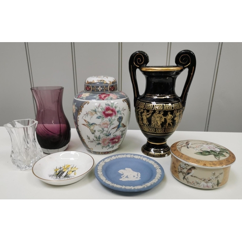 579 - A mixed lot of seven pieces of ornamental ceramics & glass vases. To include a 'Wedgwood - Blue Jasp... 