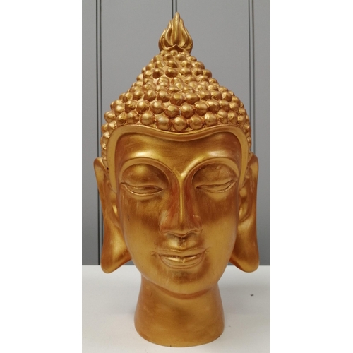 629 - A gold-coloured, modern, ornamental Buddha head. 30cm tall.