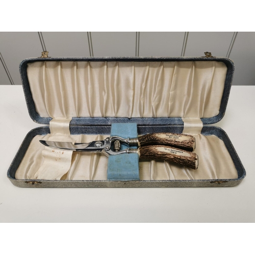 668 - A pair of ribbon-shears, with antler handles, engraved 'Golden Valley By-Pass' & '19th September 196... 