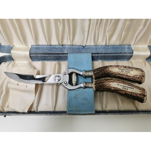 668 - A pair of ribbon-shears, with antler handles, engraved 'Golden Valley By-Pass' & '19th September 196... 