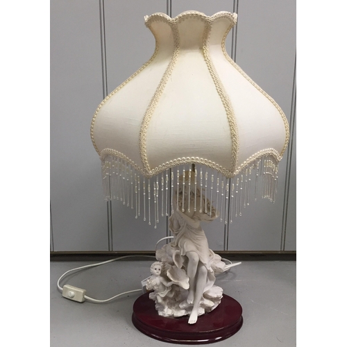 808 - A pretty figural table lamp. A young lady & cherub, topped by an art-deco style shade. Young lady wi... 