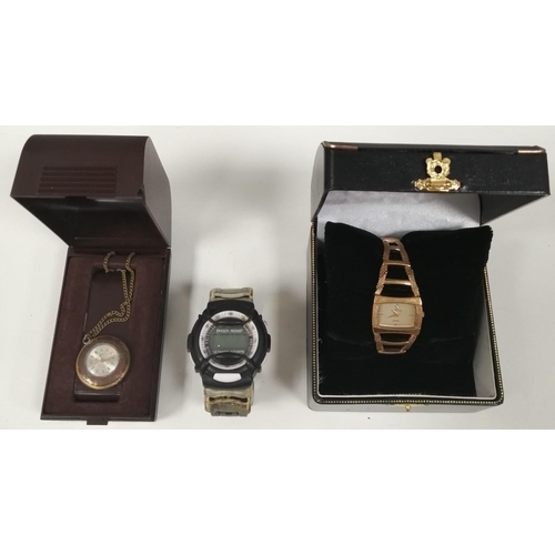 1195 - Three vintage watches. To include a boxed pendant watch by 'Buler'(working), ladies yellow metal/dia... 