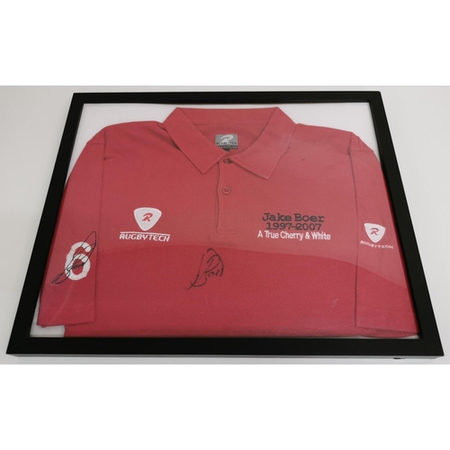 A presentation framed, signed Gloucester Rugby shirt. Signed by Jake Boer.