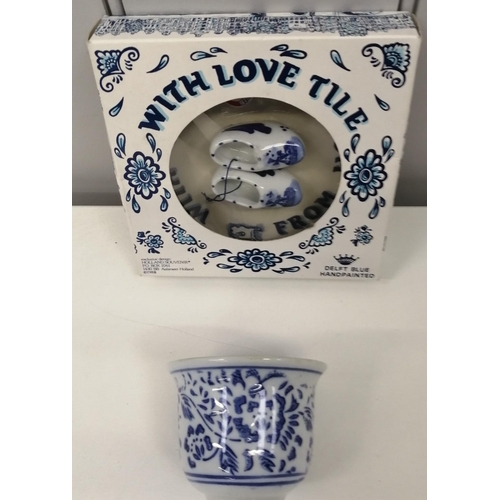 1382 - A 'Delft' hand painted 'With Love' ceramic tile in original packaging, together with a small blue & ... 