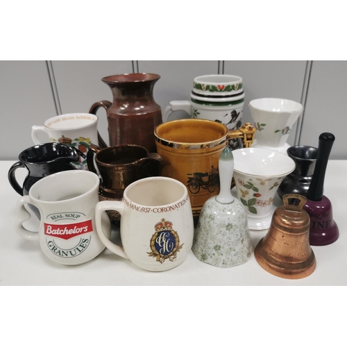 1393 - A selection of ceramic kitchenware & tableware. To include tankards, jugs, vases, bells, royal memor... 