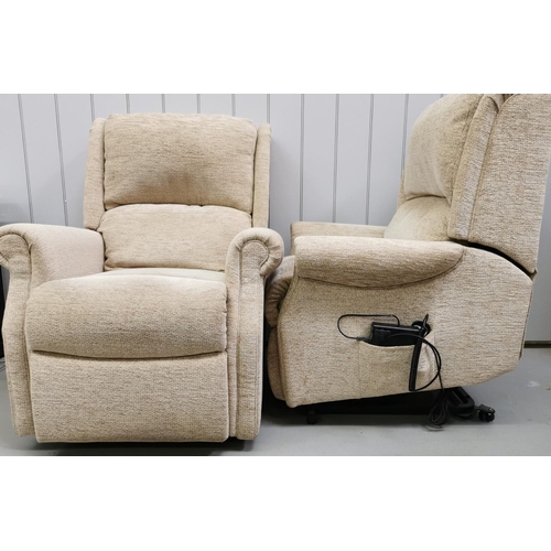 1012 - A pair of reclining armchairs, in beige coloured fabric. One slightly larger than the other. PAT Tes... 