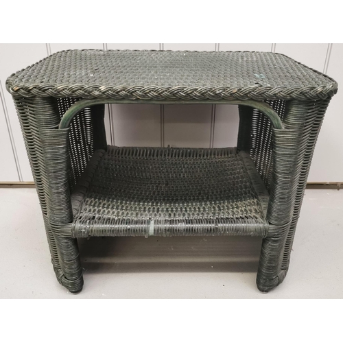 1014 - A vintage, green wicker side table. Dimensions(cm) H46, W57, D40.