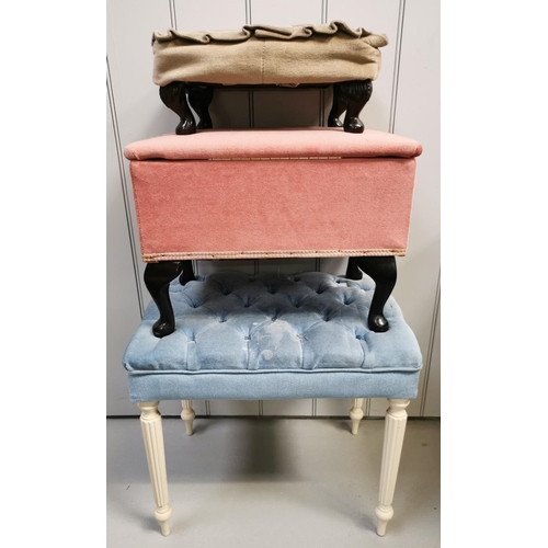 1007 - A selection of three vintage upholstered items. To include a shallow footstool, a pink fabric uphols... 