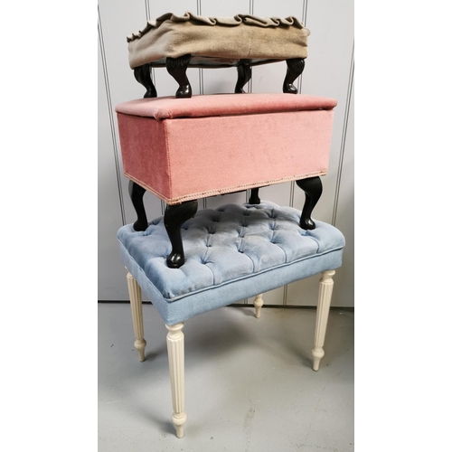 1007 - A selection of three vintage upholstered items. To include a shallow footstool, a pink fabric uphols... 