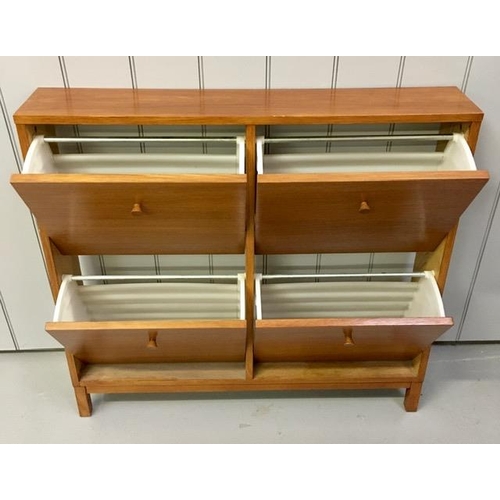 5 - A four-section, teak coloured shoe cabinet (attaches to wall). Dimensions(cm) H90, W96, D20.