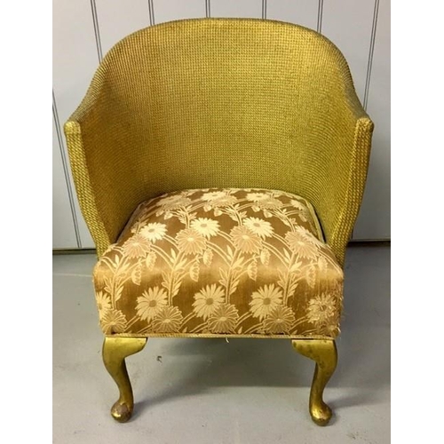 113 - A vintage, cane bedroom chair. Gold coloured/floral upholstered seat, sprayed gold finish. Dimension... 