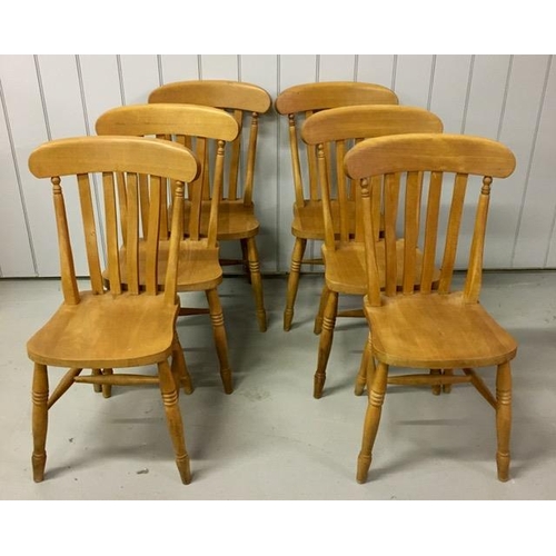 115 - A set of six good quality, beech, slat-back dining chairs. Dimensions(cm) H88(43 to seat), W48, D40.