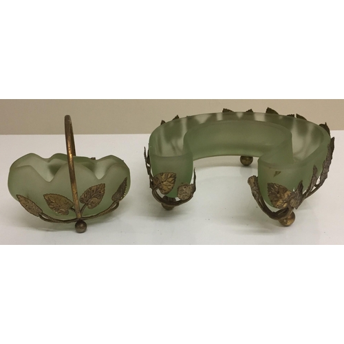 205 - An Art Deco, satin green Bagley's flower horseshoe posy bowl, with tulip vase. Both with brass leaf ... 