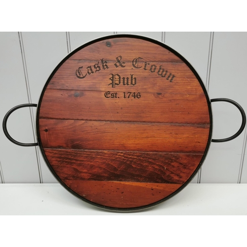 244 - A dark oversized beer tray, made from reclaimed wood & complete with iron handles. Engraved 'Cask & ... 