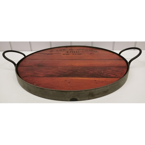 244 - A dark oversized beer tray, made from reclaimed wood & complete with iron handles. Engraved 'Cask & ... 