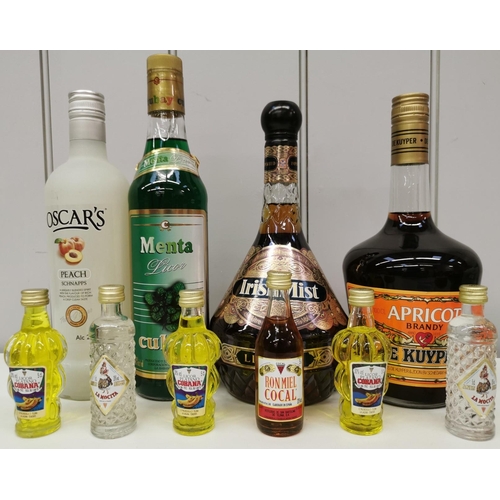 255 - A selection of four bottles of liqueur, together with six miniature bottles. To include Oscar's Peac... 