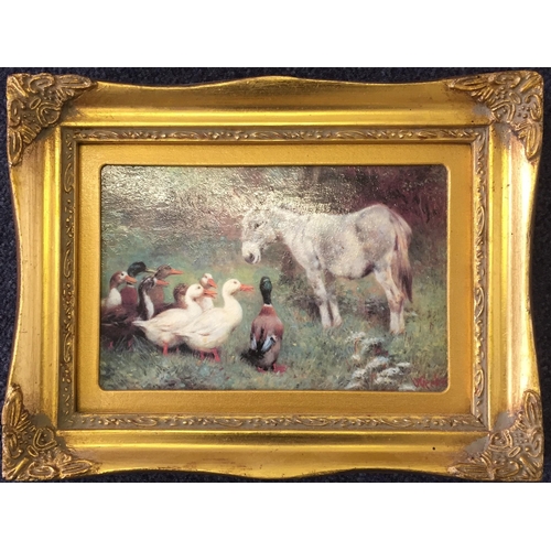 An original, gilt framed oil on canvas, by Herbert William Weekes (British 1841-1914). Typical of the artist, a humorous depiction of a donkey with an audience of ducks. Framed dimensions 17cm x 22cm.