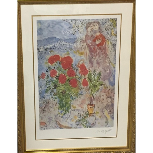 312 - A gilt framed, limited edition , lithograph, entitled ‘Red Bouquet & Lovers', signed by Marc Chagall... 