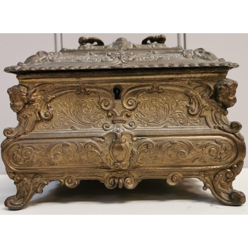 422 - A 19th century, French, brass jewellery casket. No key present. Lid is unhinged from base. Dimension... 