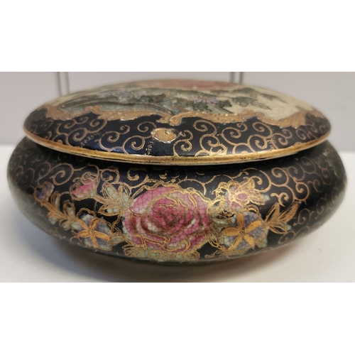 500 - A vintage, hand-painted, Japanese lidded trinket box. Black & gold painted, with floral design. heig... 