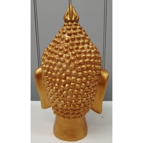 629 - A gold-coloured, modern, ornamental Buddha head. 30cm tall.