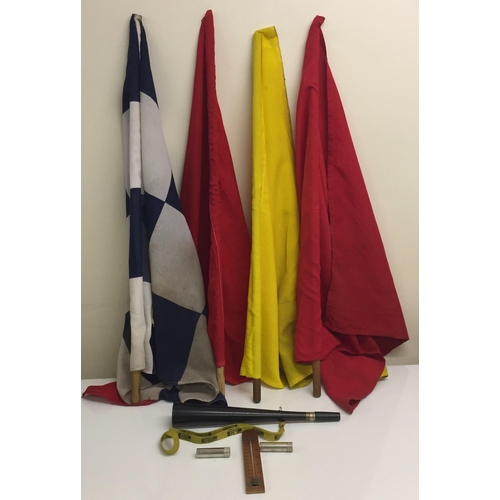 644 - A mixed lot of British Rail safety items. To include four vintage warning flags, horn & thermometer.