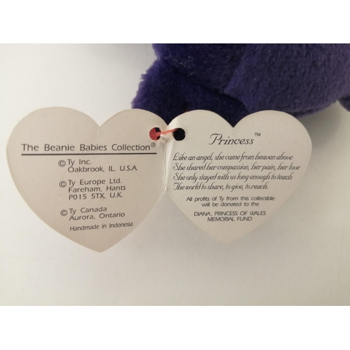 4087 - A purple 'TY Beanie Baby - Princess' bear, with tags, produced in memory of Princess Diana. Tag has ... 