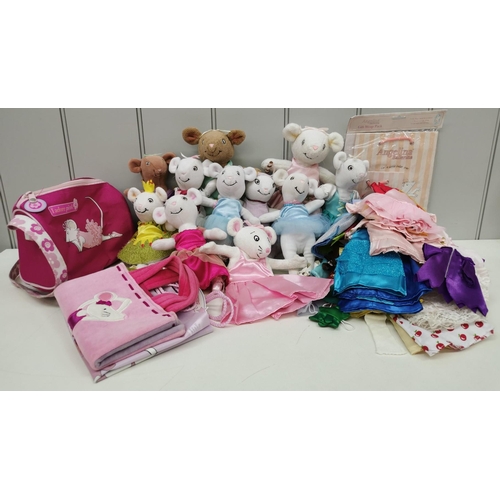 4108 - A large mixed selection of 'Angelina Ballerina' soft dolls, accessories, bags & gift wrap pack.