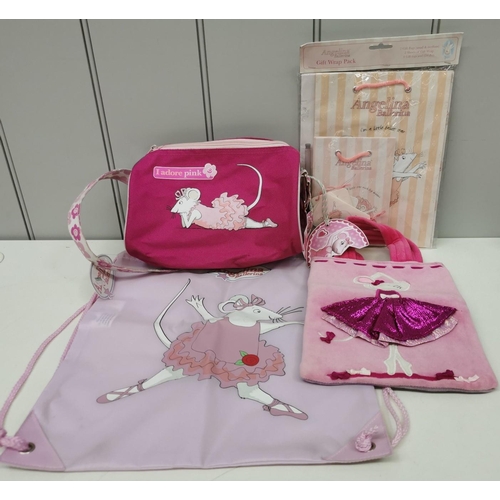 4108 - A large mixed selection of 'Angelina Ballerina' soft dolls, accessories, bags & gift wrap pack.