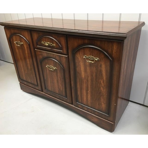 61 - A mahogany-veneered sideboard. Single, central drawer & three cupboards. Dimensions(cm) H79, W122, D... 