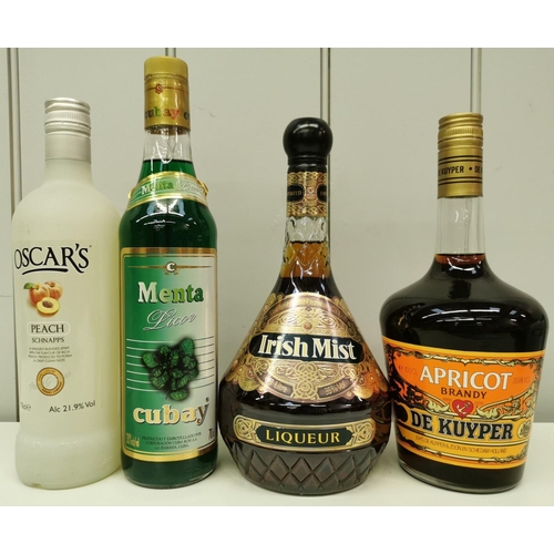 255 - A selection of four bottles of liqueur, together with six miniature bottles. To include Oscar's Peac... 