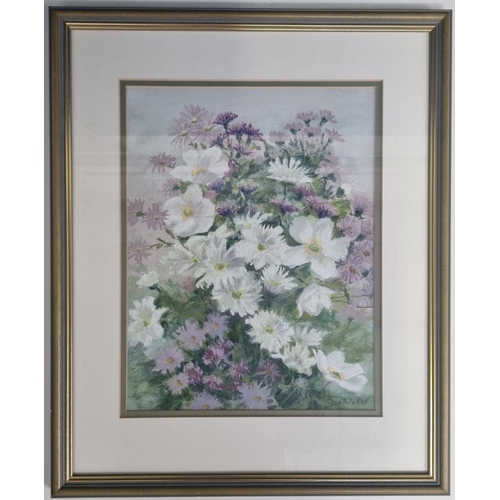 297 - An original oil pastel floral study on paper, titled 'Asters' by 'Barbara Whitaker'. Signed by the a... 