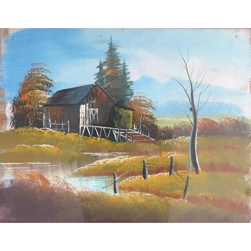 302 - A framed oil on board depicting an autumnal scene & log cabin. Unsigned. Framed dimensions(cm) H36, ... 