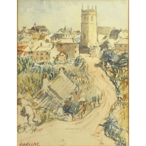 314 - A framed watercolour of a village scene, in the style of John Rankine Barclay. Signed 'BARCLAY' to b... 