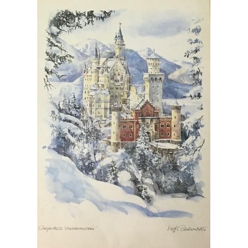 328 - A framed/signed print by Siegfried Piechowski, depicting Castle Neuschwanstein (Germany). Framed dim... 